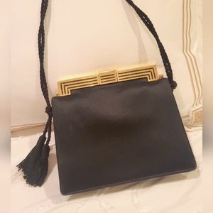 Judith Leiber Vintage Black Satin Rhinestone Gemstone Purse/Clutch